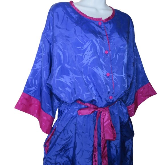 Vintage 80s Jumpsuit Womens Pink Purple Taper Leg Pockets Tie Belt Button Front - Picture 5 of 13